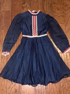 Vtg 70s Union Made Blue Dress Sheer Chiffon Lace Collar Pleated Party Polka Dots